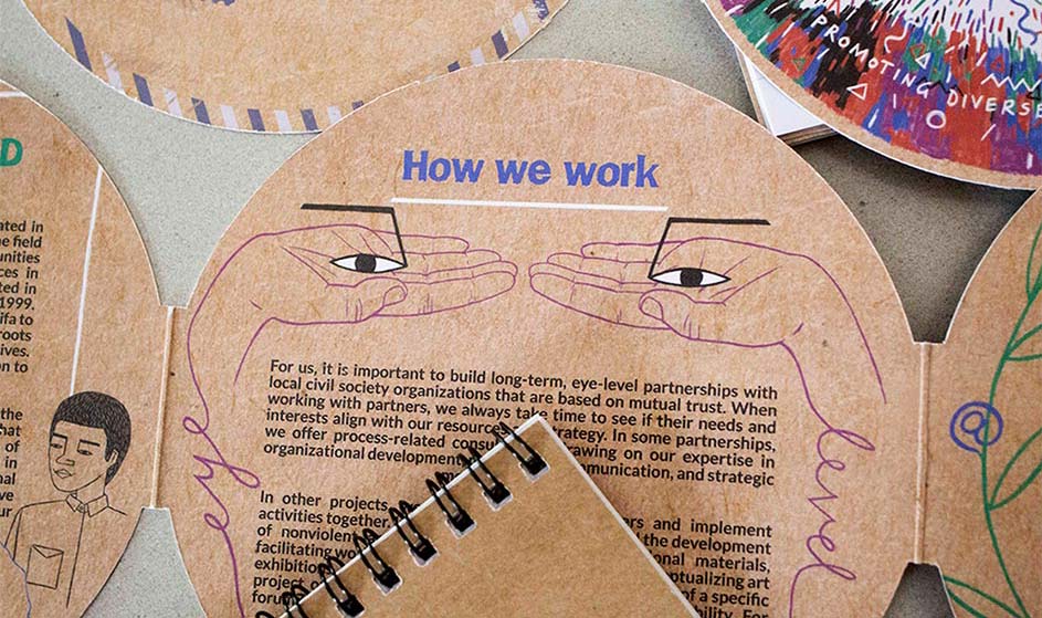 Close-up of the inside of a brochure. The central page features two flat hands facing each other, each has a illustrated eye resting on it. The title above reads 'How we work'. Below the left hand is the word 'eye', and below the right, 'level', together suggesting 'eye level'.